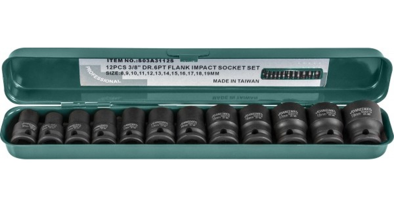 S03A3112S / 12 PCS. 3/8" DRIVE 6 PT FLANK IMPACT SOCKET SET METRIC SIZE 8 - 19 MM