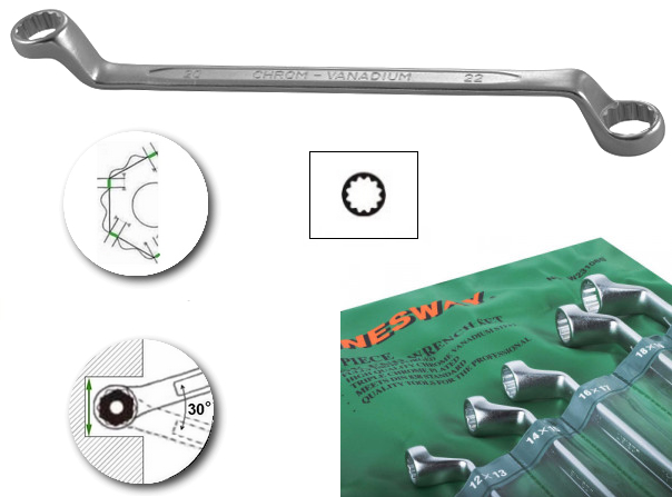 W23108S / 8 PCS 75° OFFSET RING WRENCH CR-V STEEL DIN:838  METRIC SIZE: 6X7 to 20X22 MM